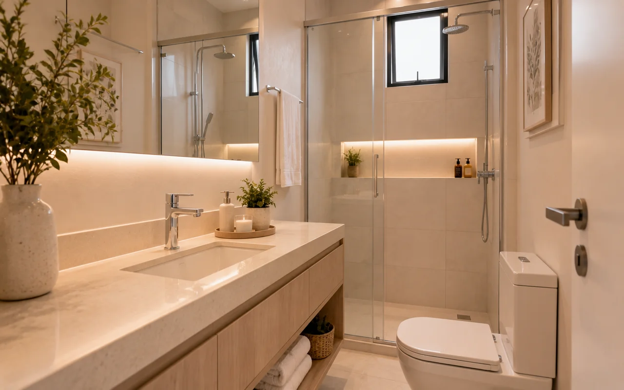 Banheiro pequeno decorado: soluções práticas para organização e estilo