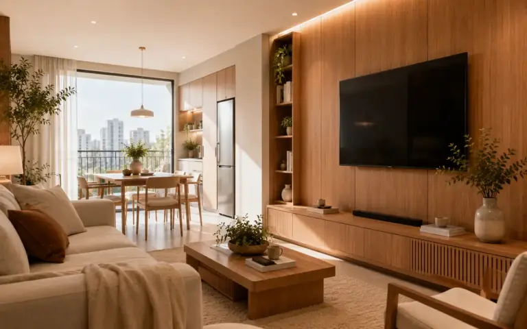 Ambiente moderno com madeira clara e decoração equilibrada