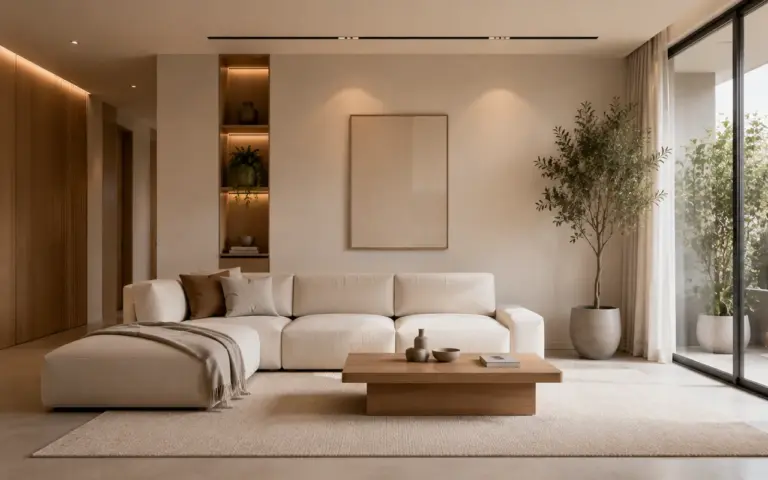 Sala minimalista com poucos objetos e tons neutros