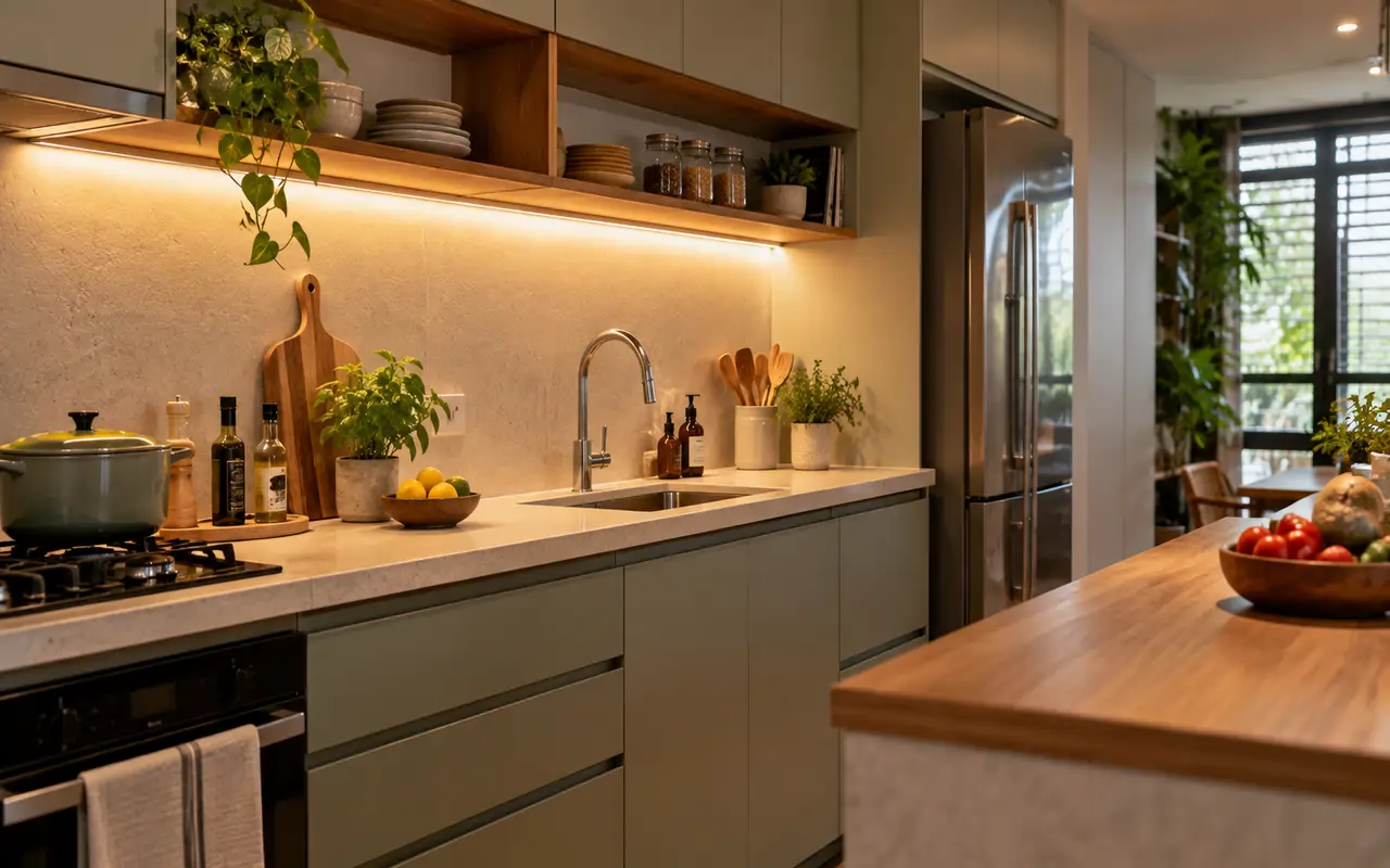 Iluminação para bancada de cozinha: como ganhar função sem pesar o ambiente