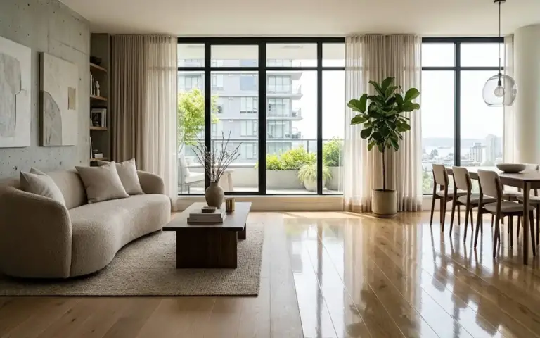 Piso de porcelanato claro com acabamento contemporâneo