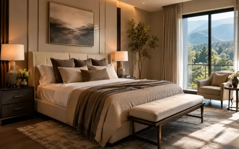 Quarto moderno elegante com iluminação suave e organização