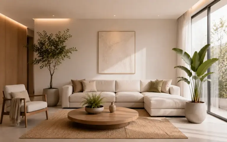 Sala moderna com plantas naturais e decoração leve