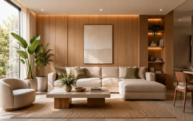 Sala moderna com decoração neutra e iluminação aconchegante